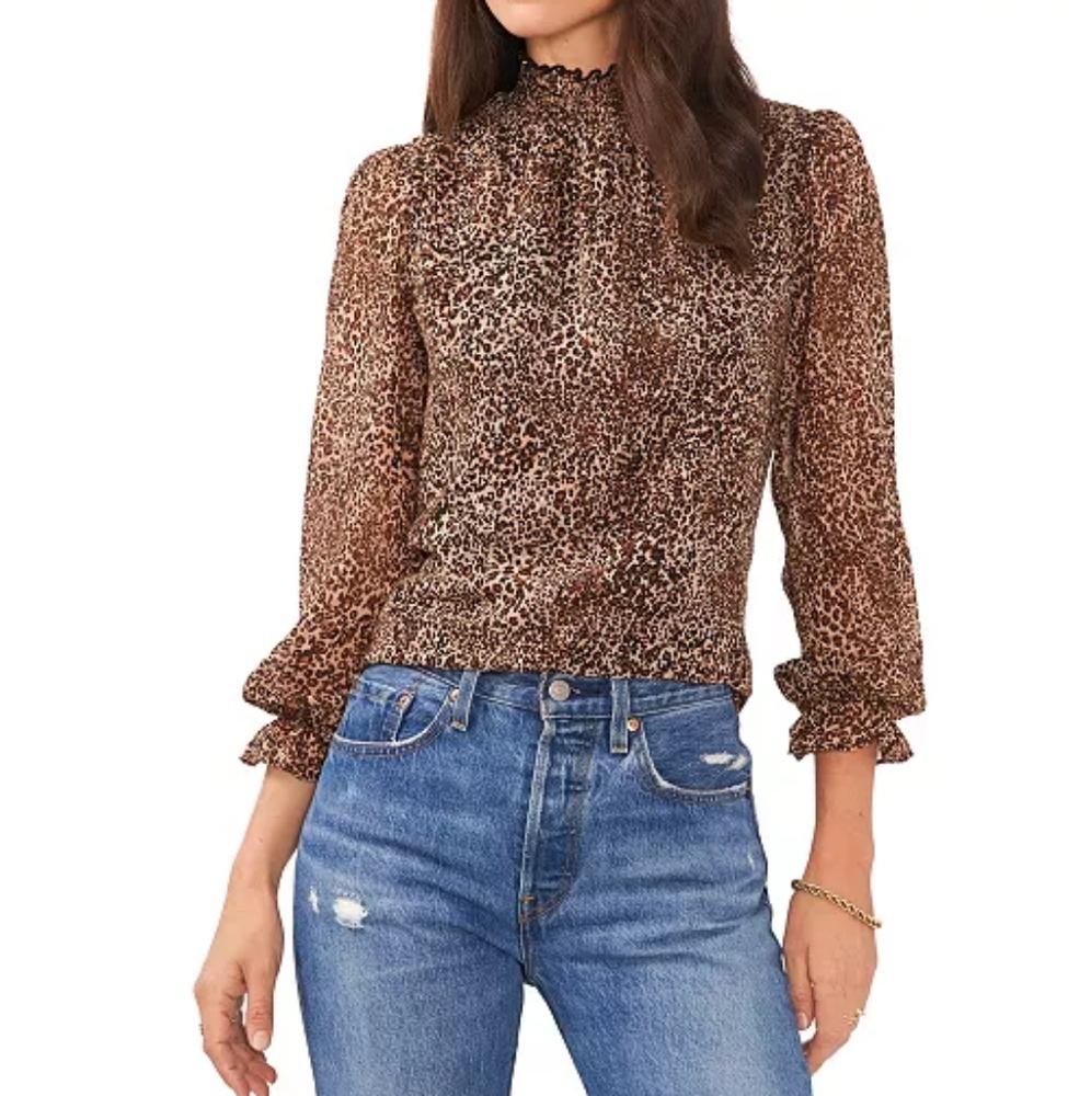 1.State Cara Womens Animal Print Smocked Blouse